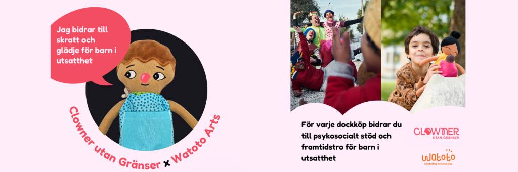En docka med clownnäsa och bilder från Clowner utan Gränsers verksamhet