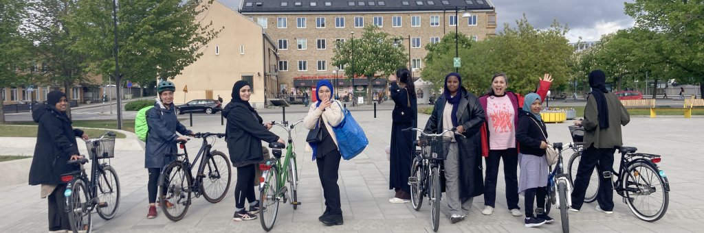 en grupp unga tjejer lär sig cykla
