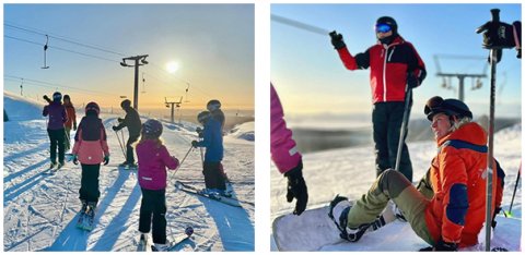 En familj ler i snön i skidbacken i Dalarna.
