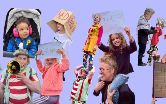 Kollage av bilder med artister och barn