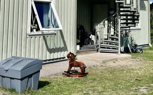 en liten gunghäst står på gräsmattan framför ett radhus